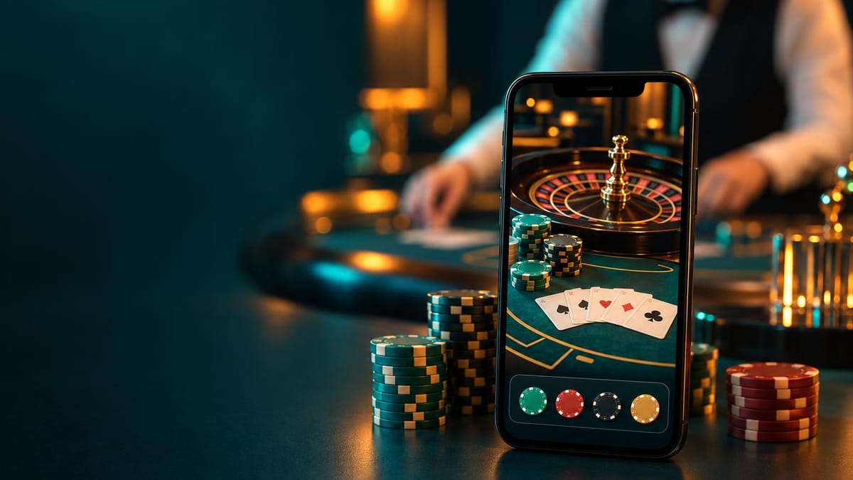 Cassino ao vivo com mesa de roleta e dealer em transmissão na tela do celular