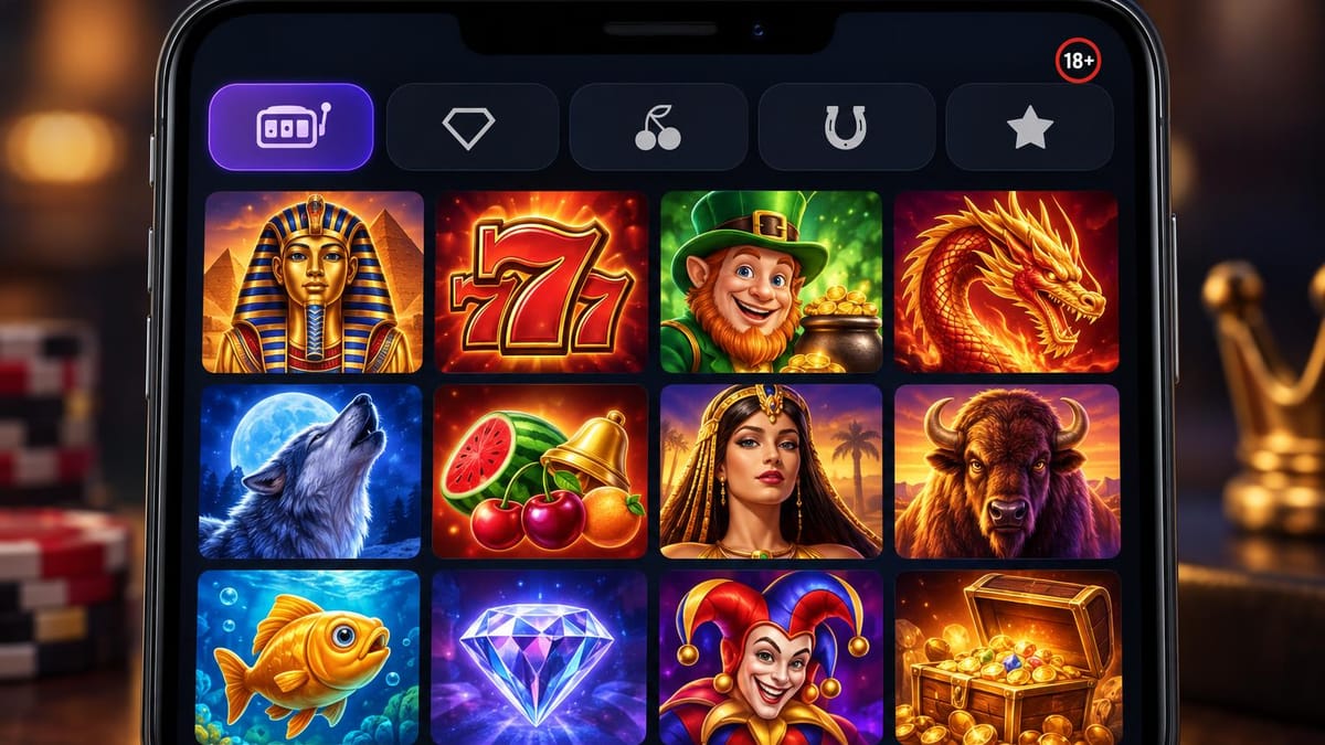 Catálogo de slots online com filtros e modo demo na tela do celular